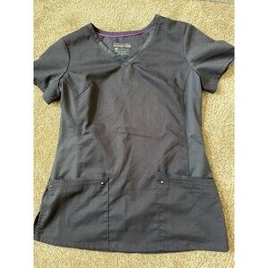 Purple Label Yoga Healing Hands Grey Scrub Top Size Small S V Neck Pocket NWOT
